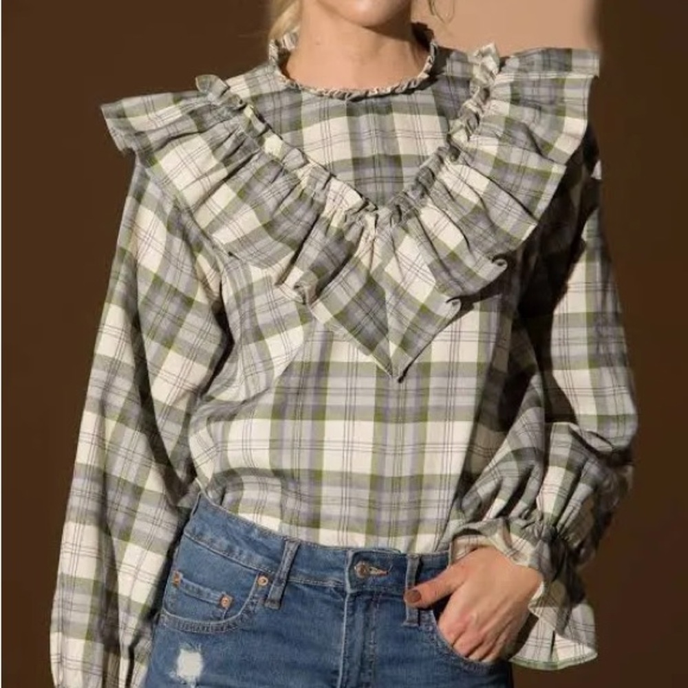Green lavender Plaid Ruffle Women's Top